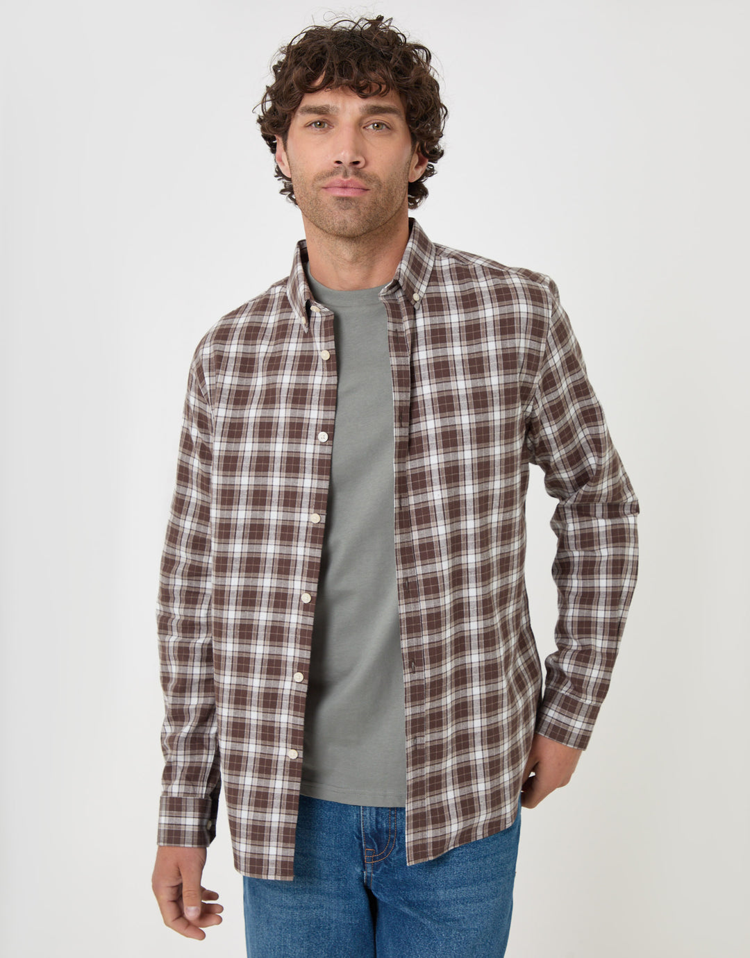 Threadbare Brushed Cotton Flannel Shirt in Chocolate Brown Check - front view shirt open