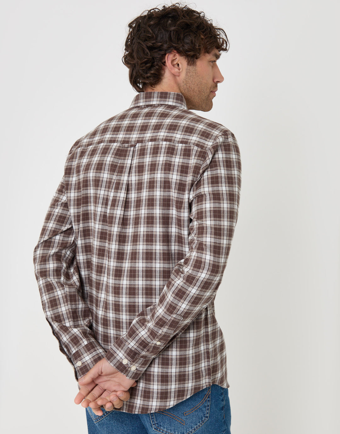 Threadbare Brushed Cotton Flannel Shirt in Chocolate Brown Check - back view
