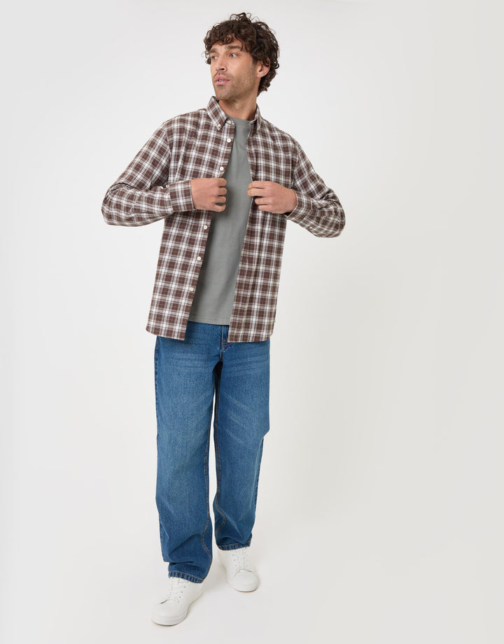 Threadbare Brushed Cotton Flannel Shirt in Chocolate Brown Check - full body