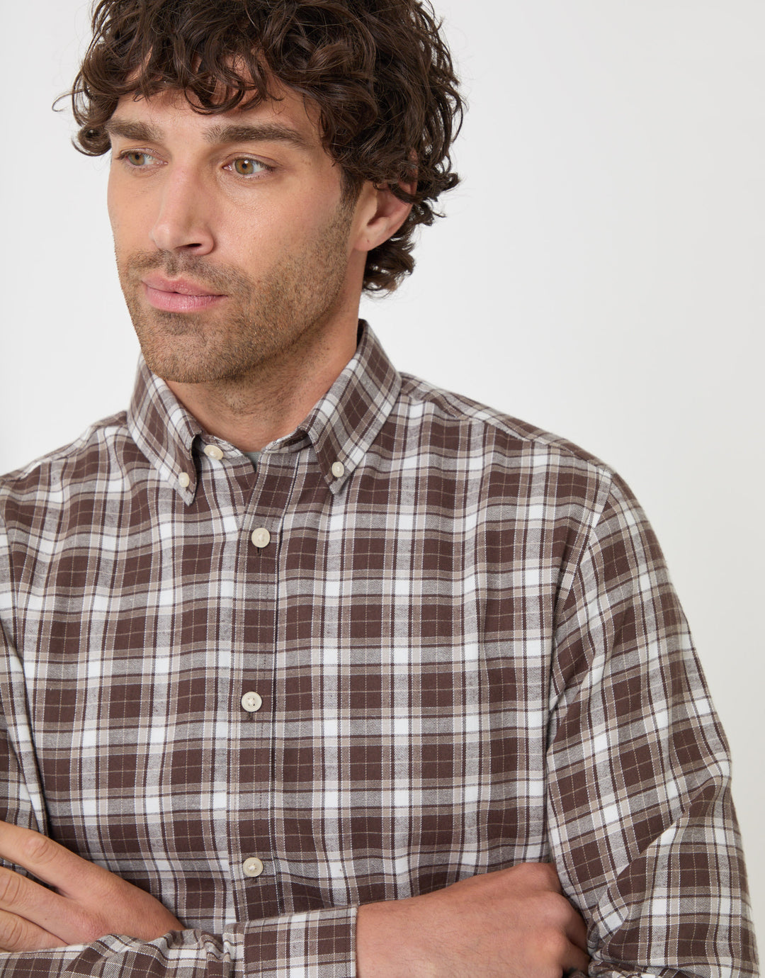Threadbare Brushed Cotton Flannel Shirt in Chocolate Brown Check - close up