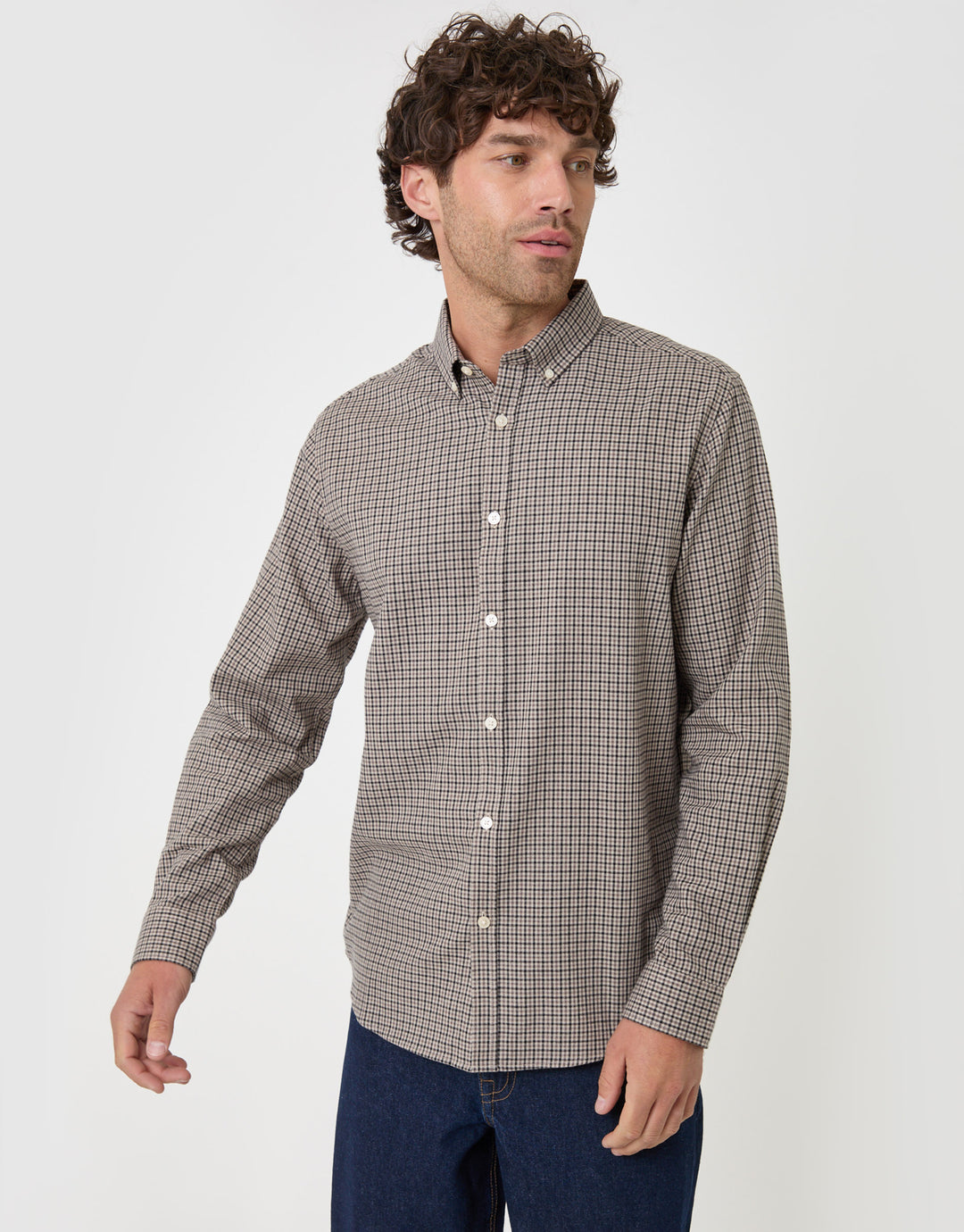 Threadbare Brushed Cotton Flannel Shirt in Stone Check - front view