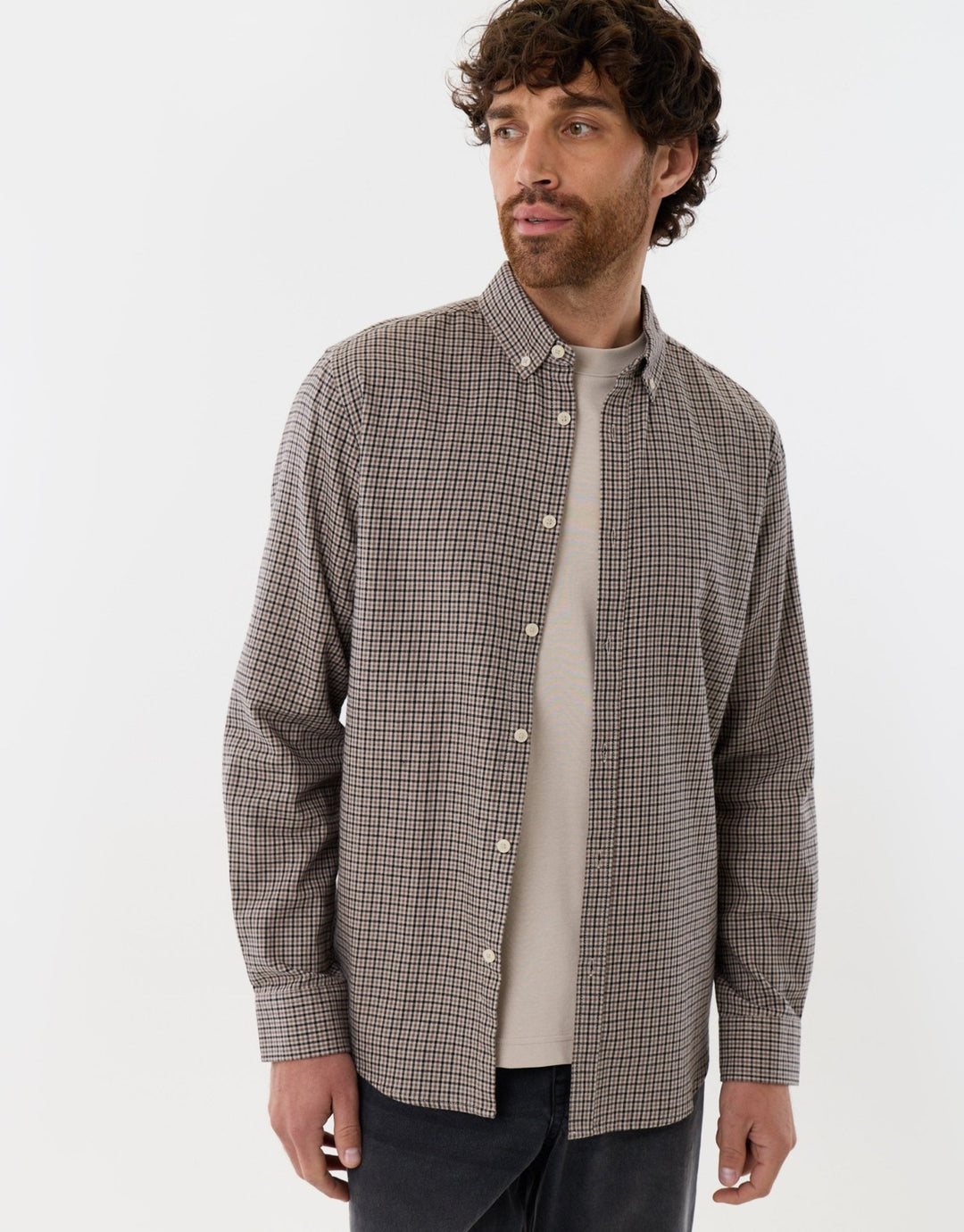 Brushed Cotton Flannel Shirt in Stone Check