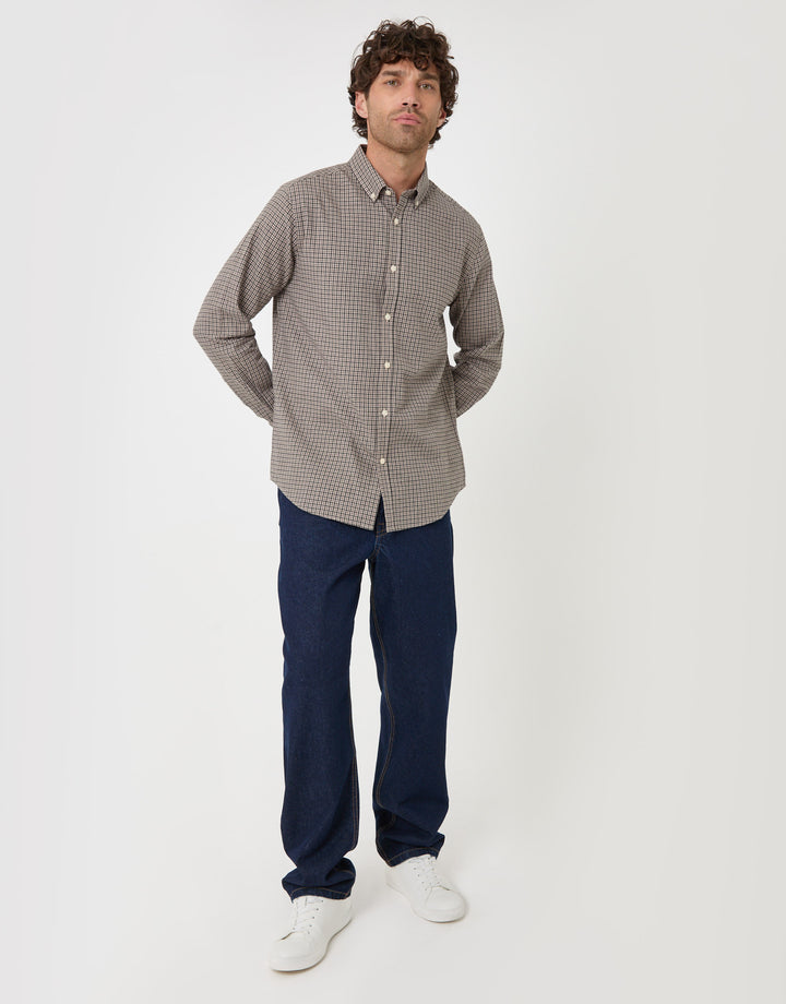 Threadbare Brushed Cotton Flannel Shirt in Stone Check - full body