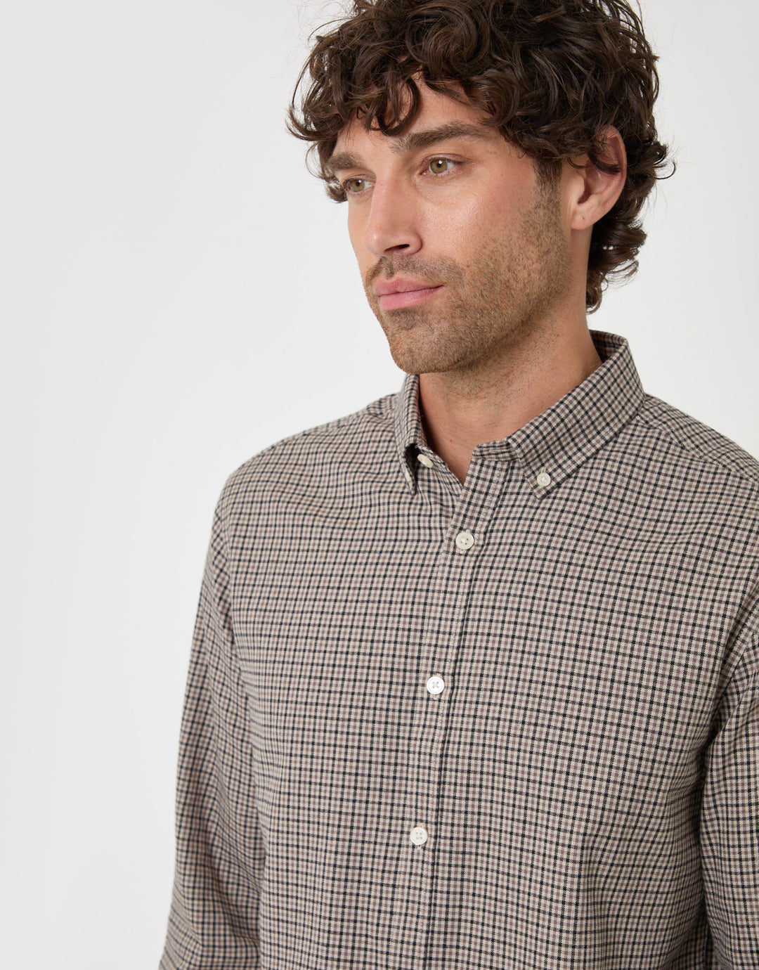 Threadbare Brushed Cotton Flannel Shirt in Stone Check - close up