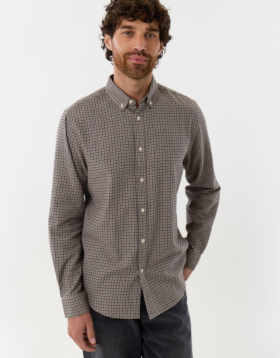 Brushed Cotton Flannel Shirt in Stone Check