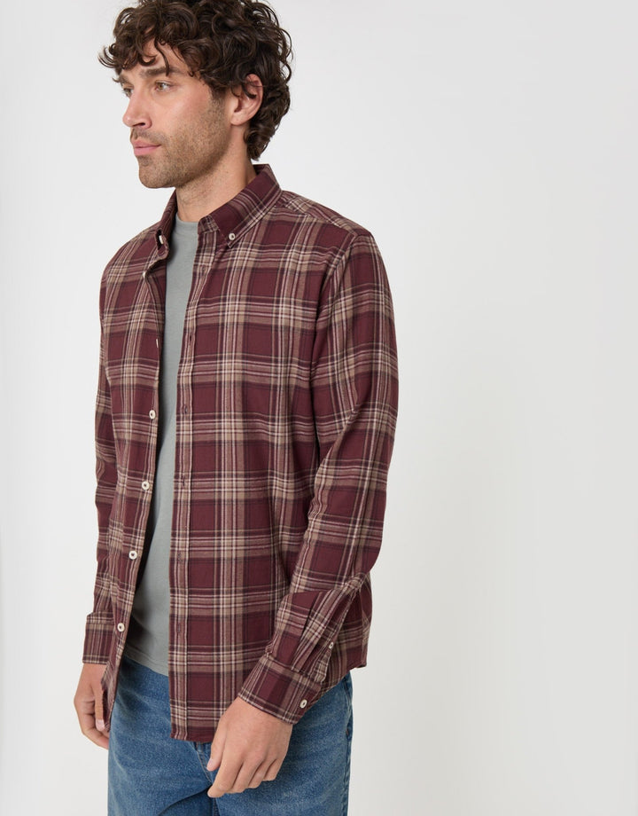 Threadbare Brushed Cotton Flannel Shirt in Burgundy Check - front view