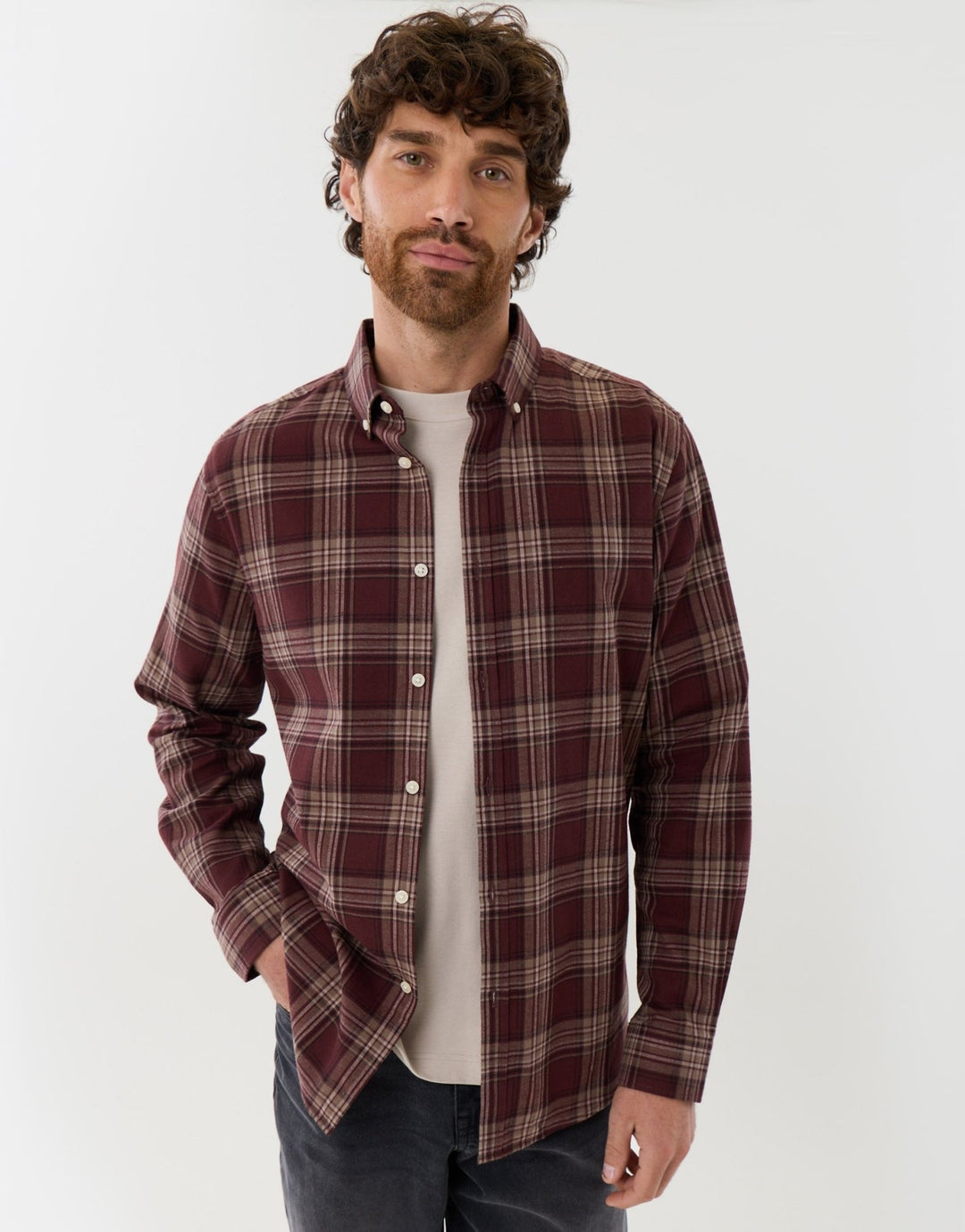 Brushed Cotton Flannel Shirt in Burgundy Check