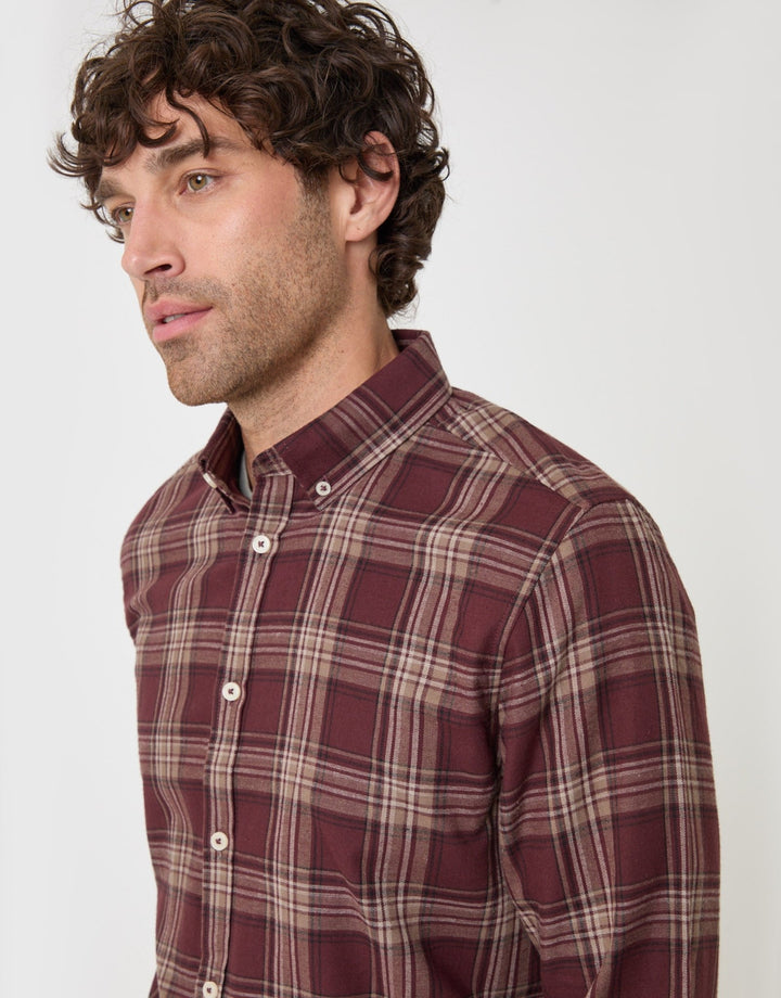 Threadbare Brushed Cotton Flannel Shirt in Burgundy Check - close up