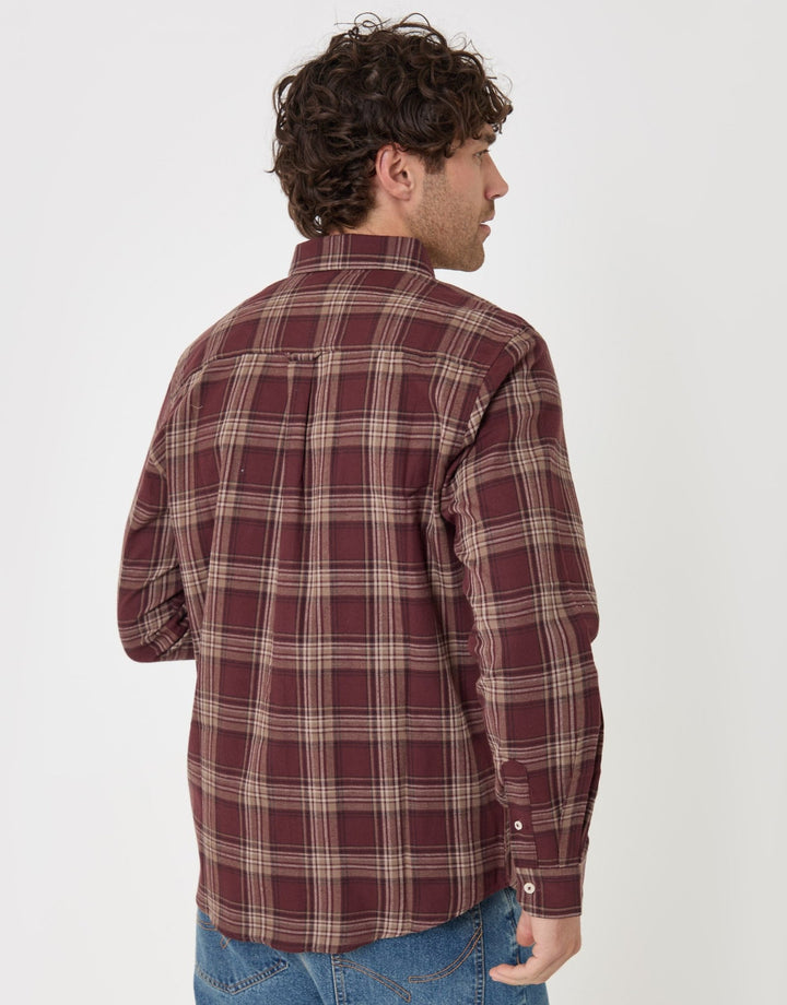 Threadbare Brushed Cotton Flannel Shirt in Burgundy Check - back view