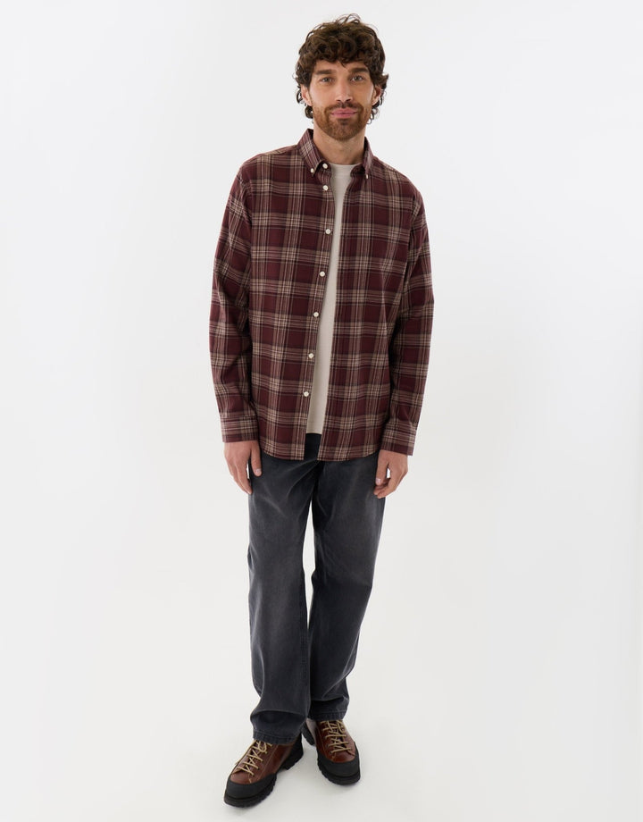 Brushed Cotton Flannel Shirt in Burgundy Check