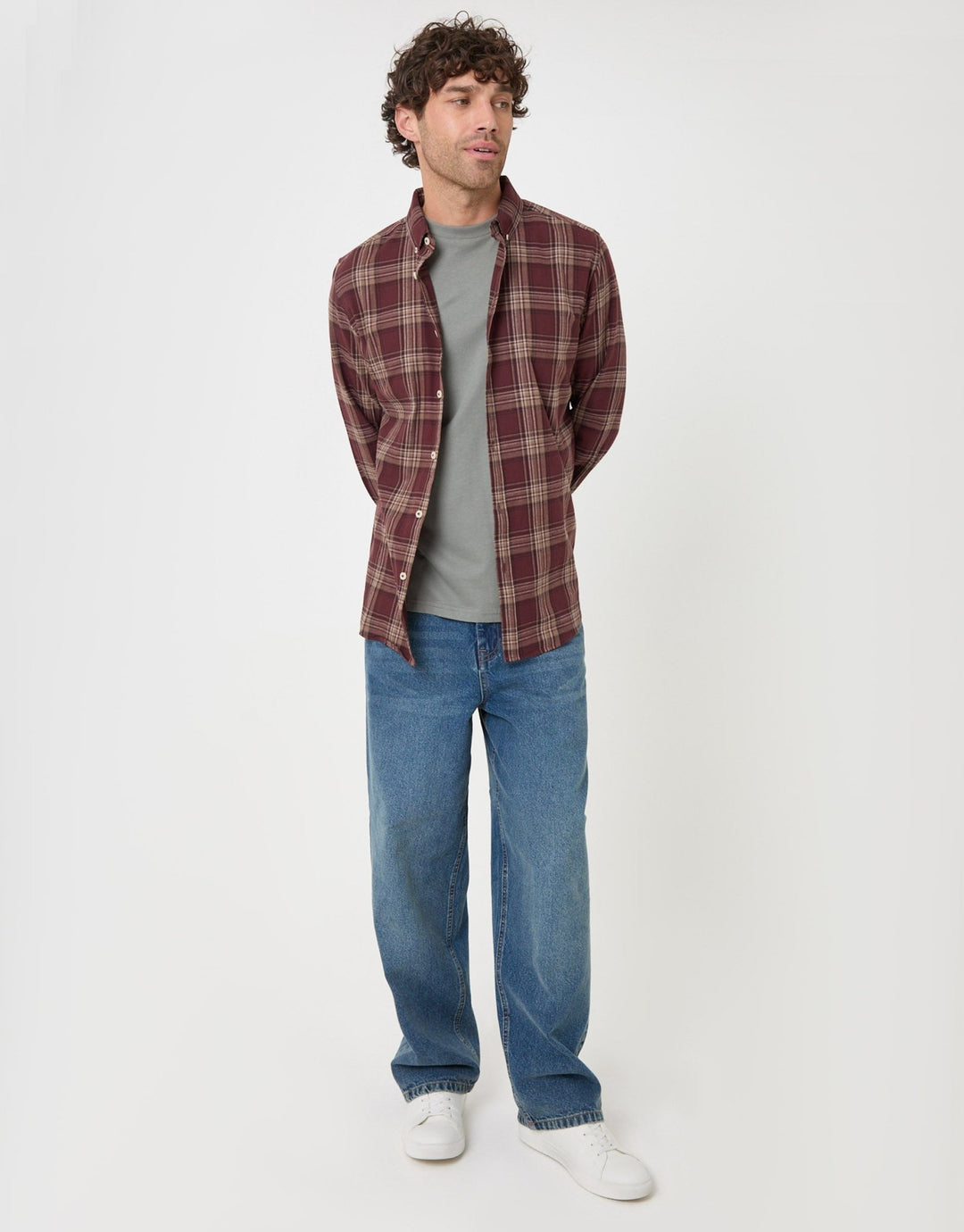 Threadbare Brushed Cotton Flannel Shirt in Burgundy Check - full body