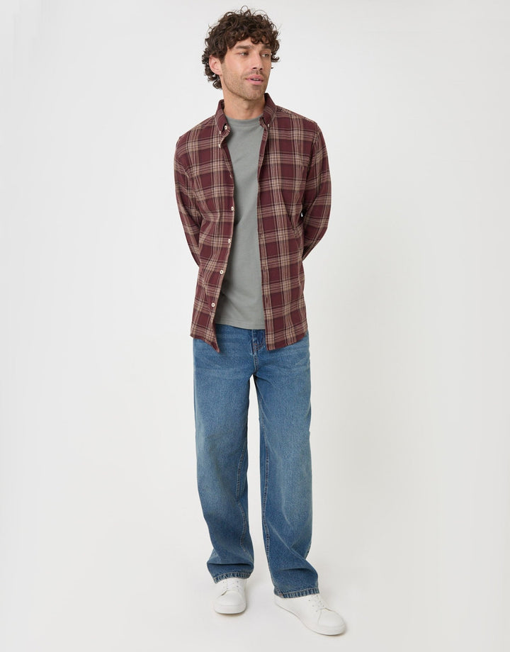 Threadbare Brushed Cotton Flannel Shirt in Burgundy Check - full body