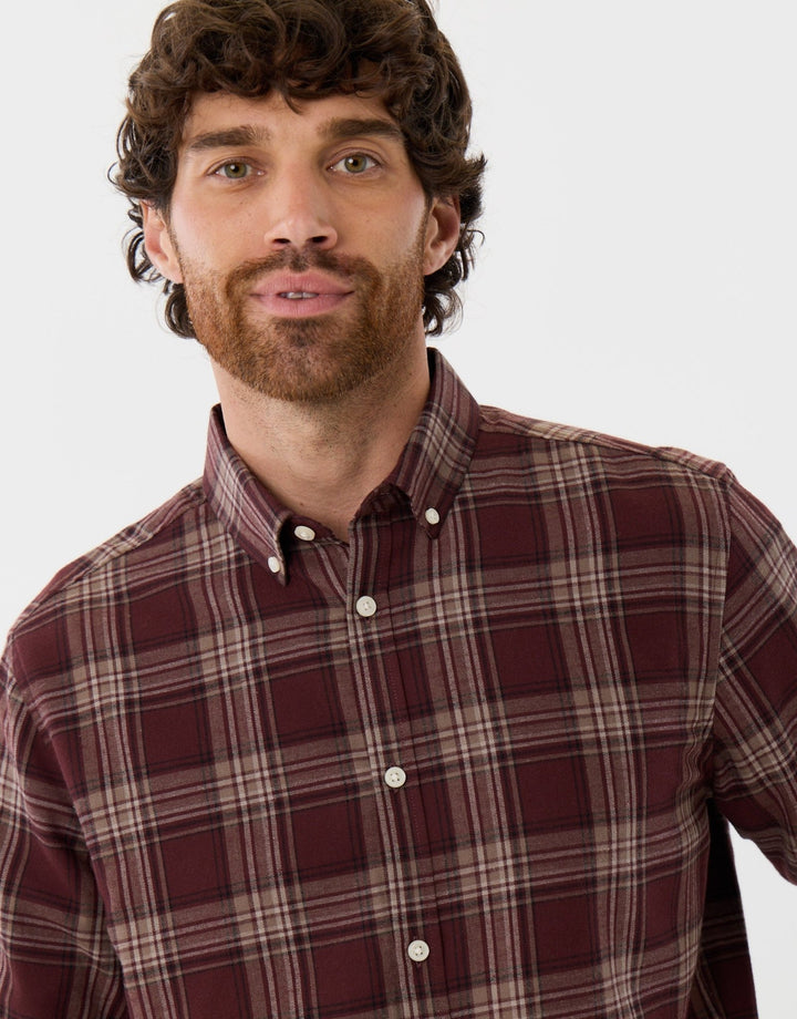 Brushed Cotton Flannel Shirt in Burgundy Check