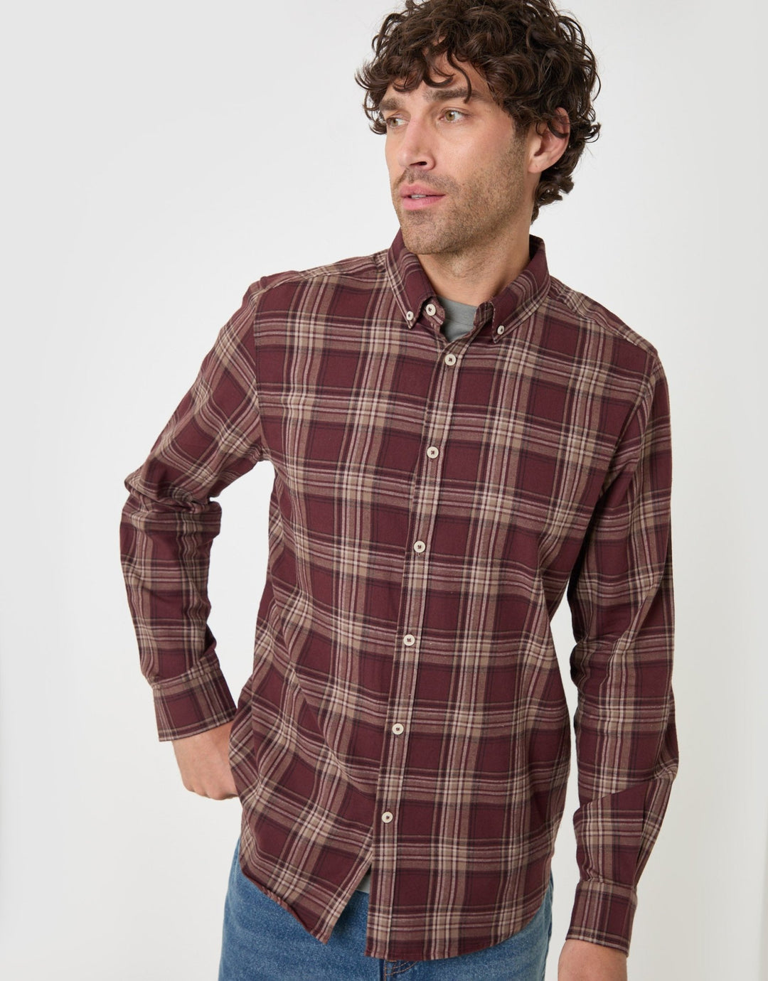 Threadbare Brushed Cotton Flannel Shirt in Burgundy Check - front view