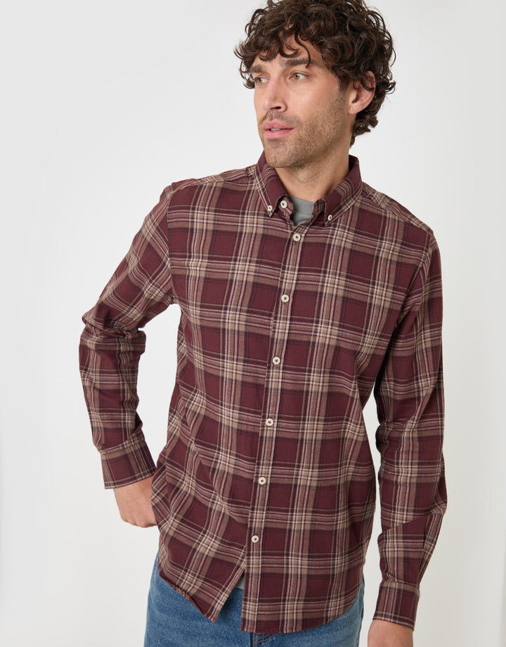 Threadbare Brushed Cotton Flannel Shirt in Burgundy Check - front view
