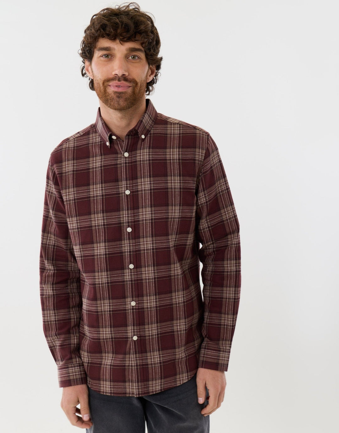 Brushed Cotton Flannel Shirt in Burgundy Check