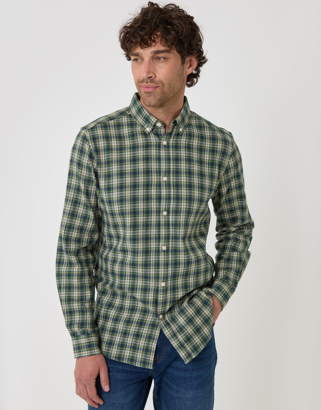 Threadbare Brushed Cotton Flannel Shirt in Khaki Check - front view