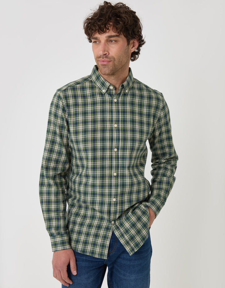 Threadbare Brushed Cotton Flannel Shirt in Khaki Check - front view