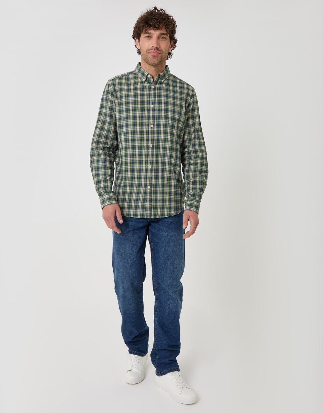 Threadbare Brushed Cotton Flannel Shirt in Khaki Check - full body