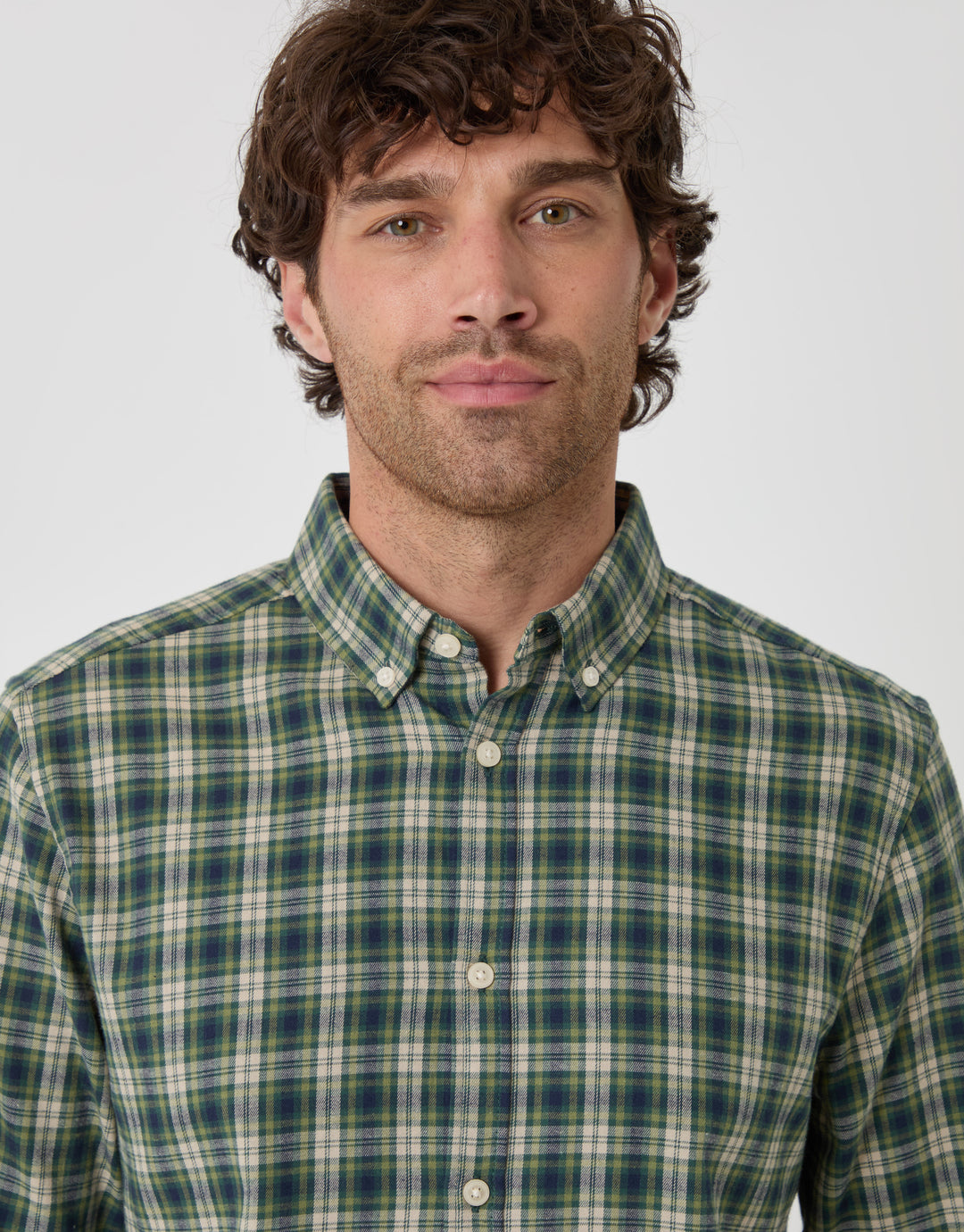 Threadbare Brushed Cotton Flannel Shirt in Khaki Check - close up