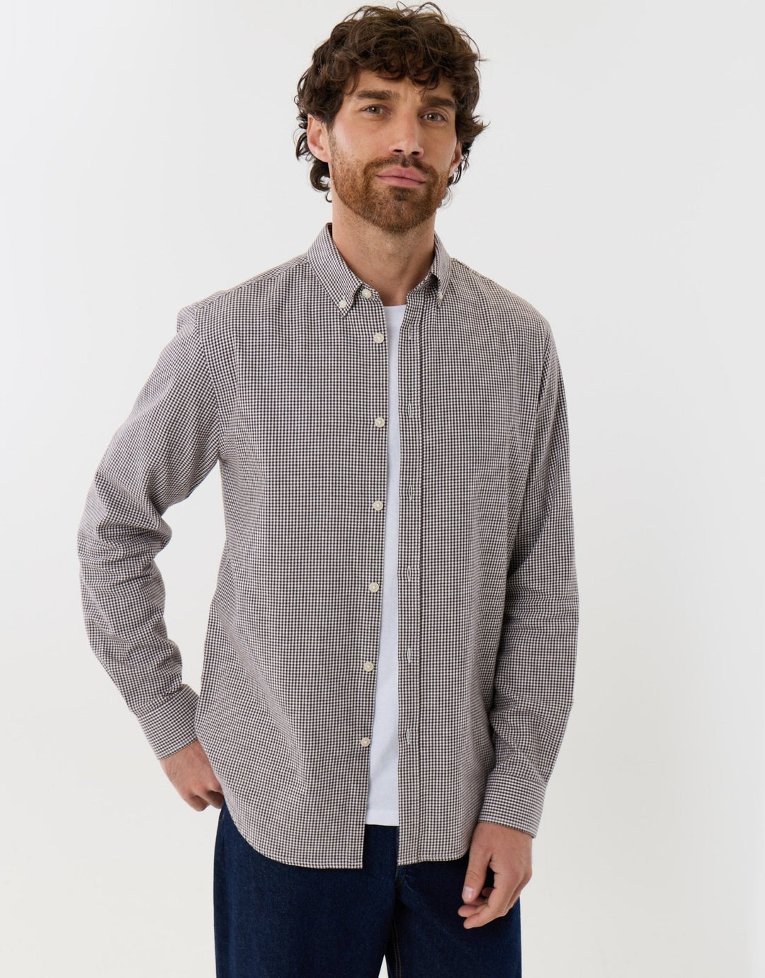 Brushed Cotton Flannel Shirt in Taupe Check