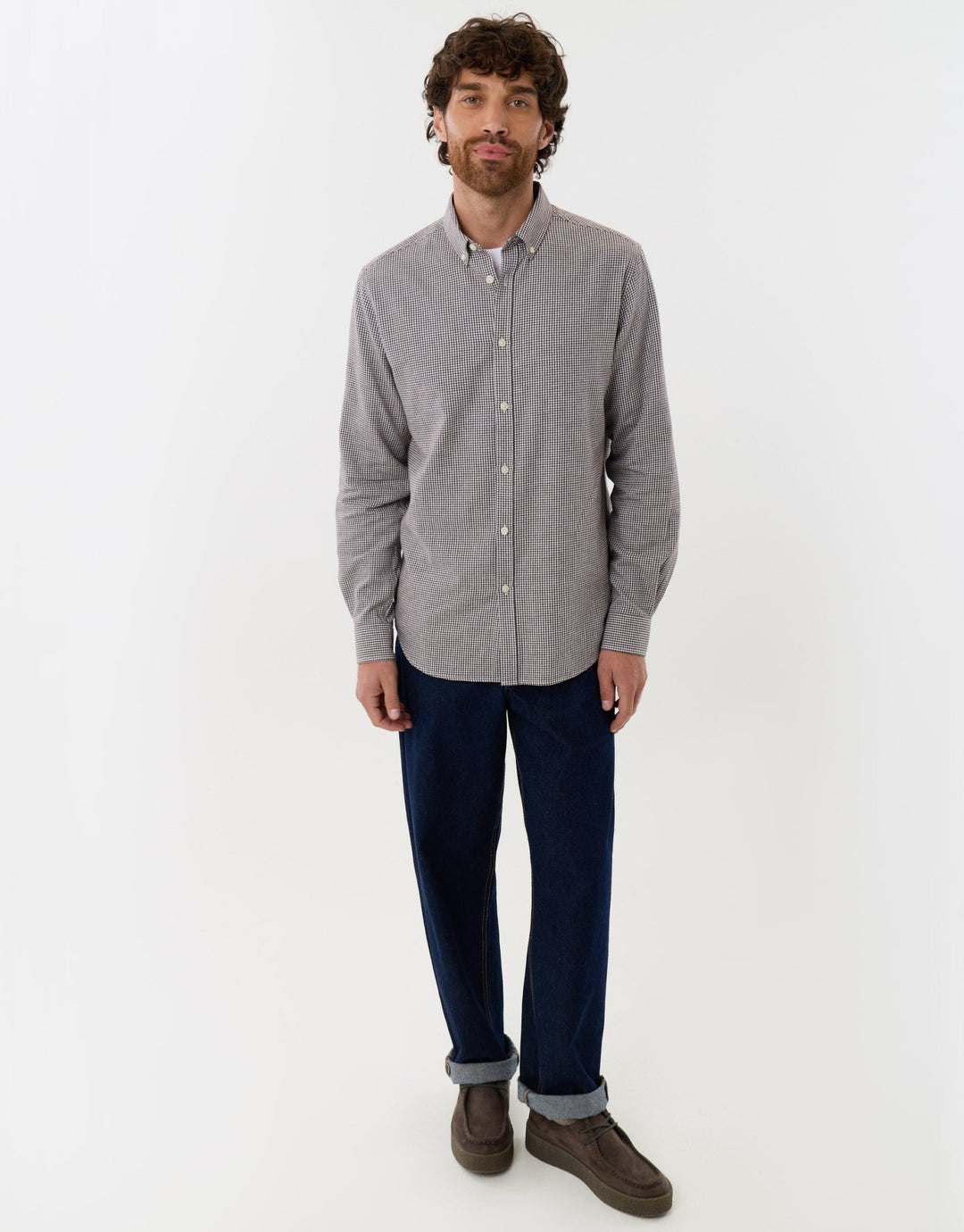 Brushed Cotton Flannel Shirt in Taupe Check