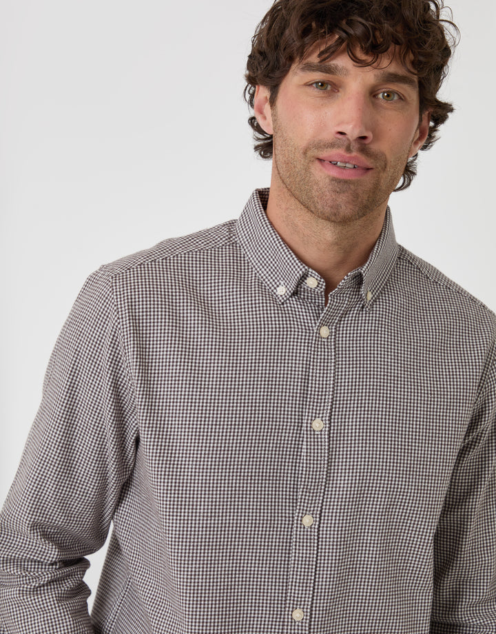 Threadbare Brushed Cotton Flannel Shirt in Taupe Check - close up