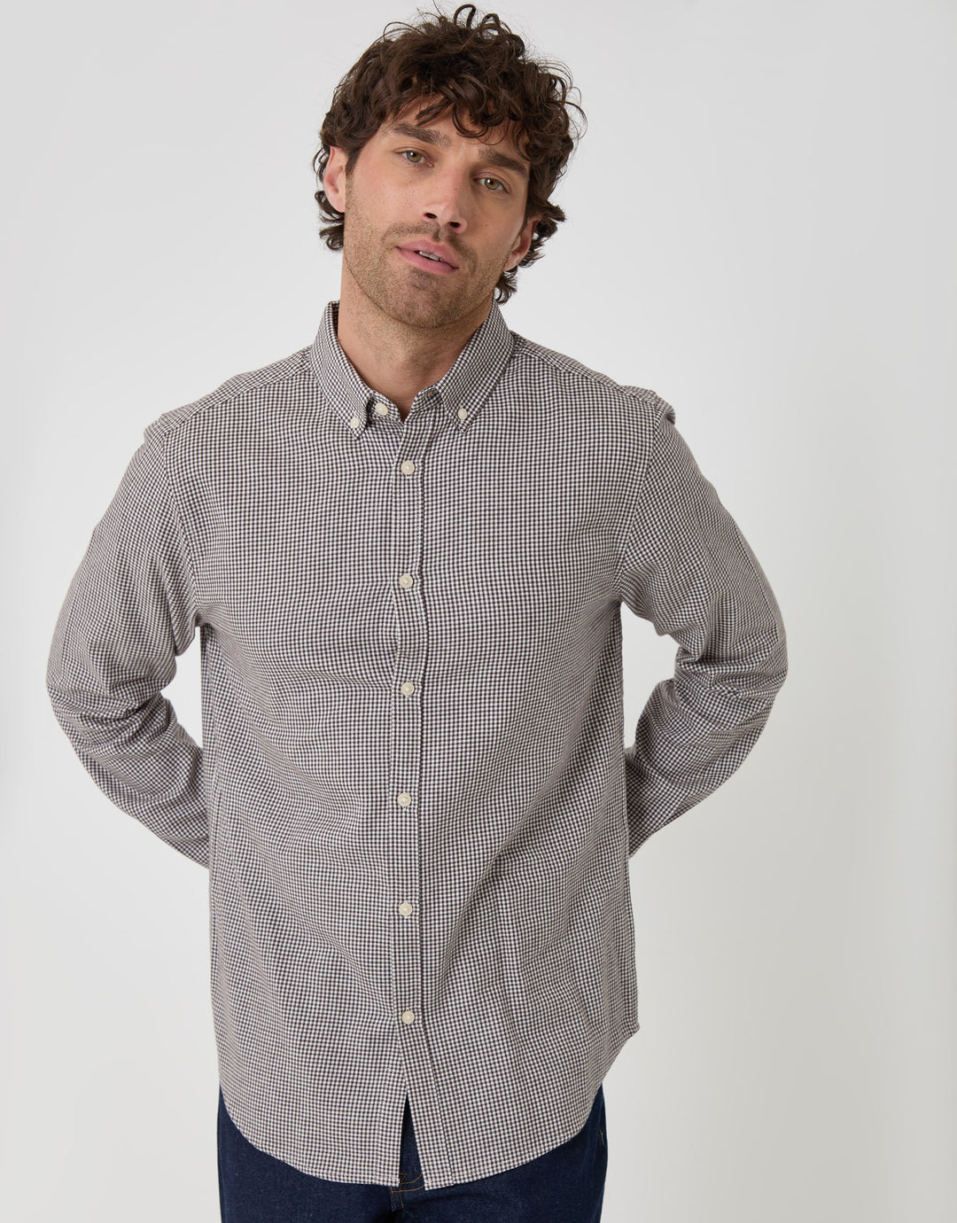 Threadbare Brushed Cotton Flannel Shirt in Taupe Check - front view