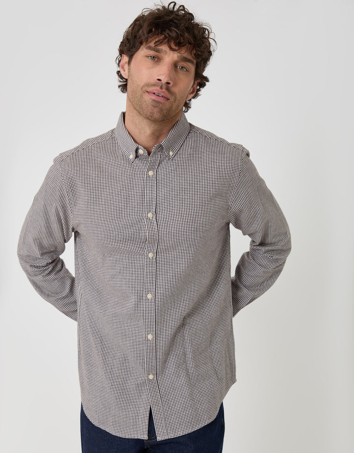 Threadbare Brushed Cotton Flannel Shirt in Taupe Check - front view