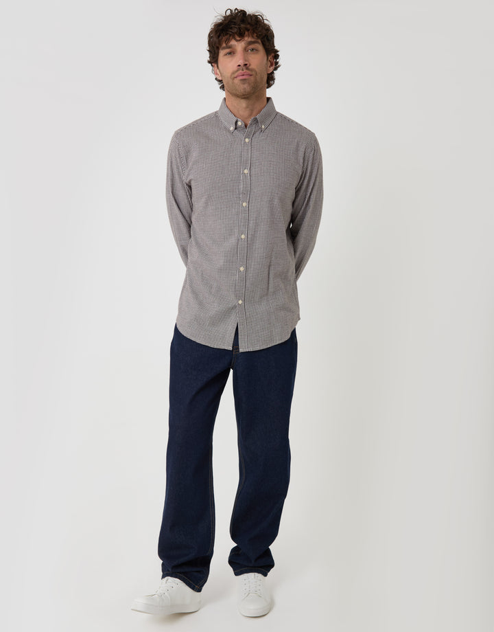 Threadbare Brushed Cotton Flannel Shirt in Taupe Check - full body