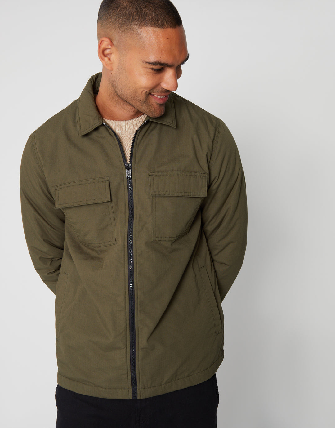 Khaki Green Zip Up Microfleece Lined Shacket