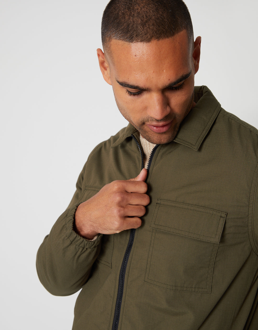 Khaki Green Zip Up Microfleece Lined Shacket