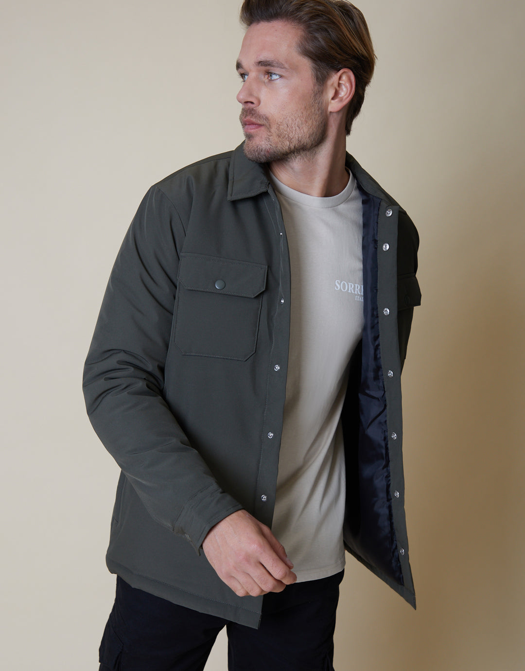 Khaki Green Lightweight Padded Overshirt Shacket