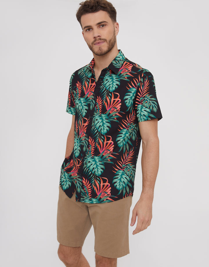 Black Cotton Tropical Print Short Sleeve Shirt