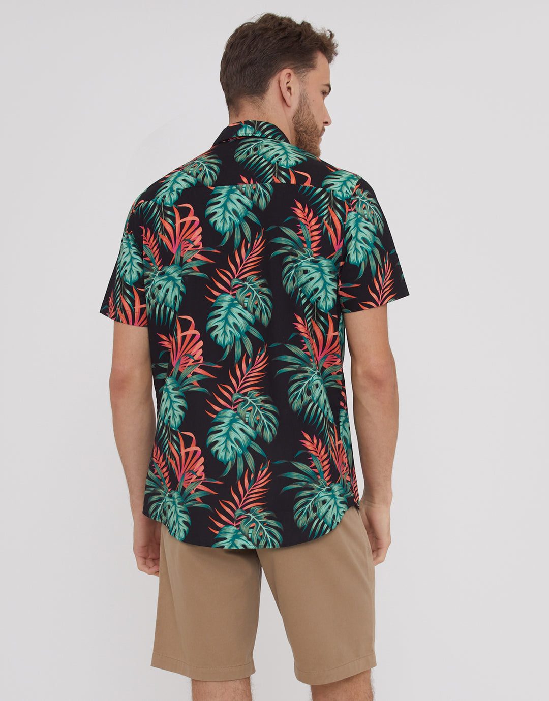 Black Cotton Tropical Print Short Sleeve Shirt
