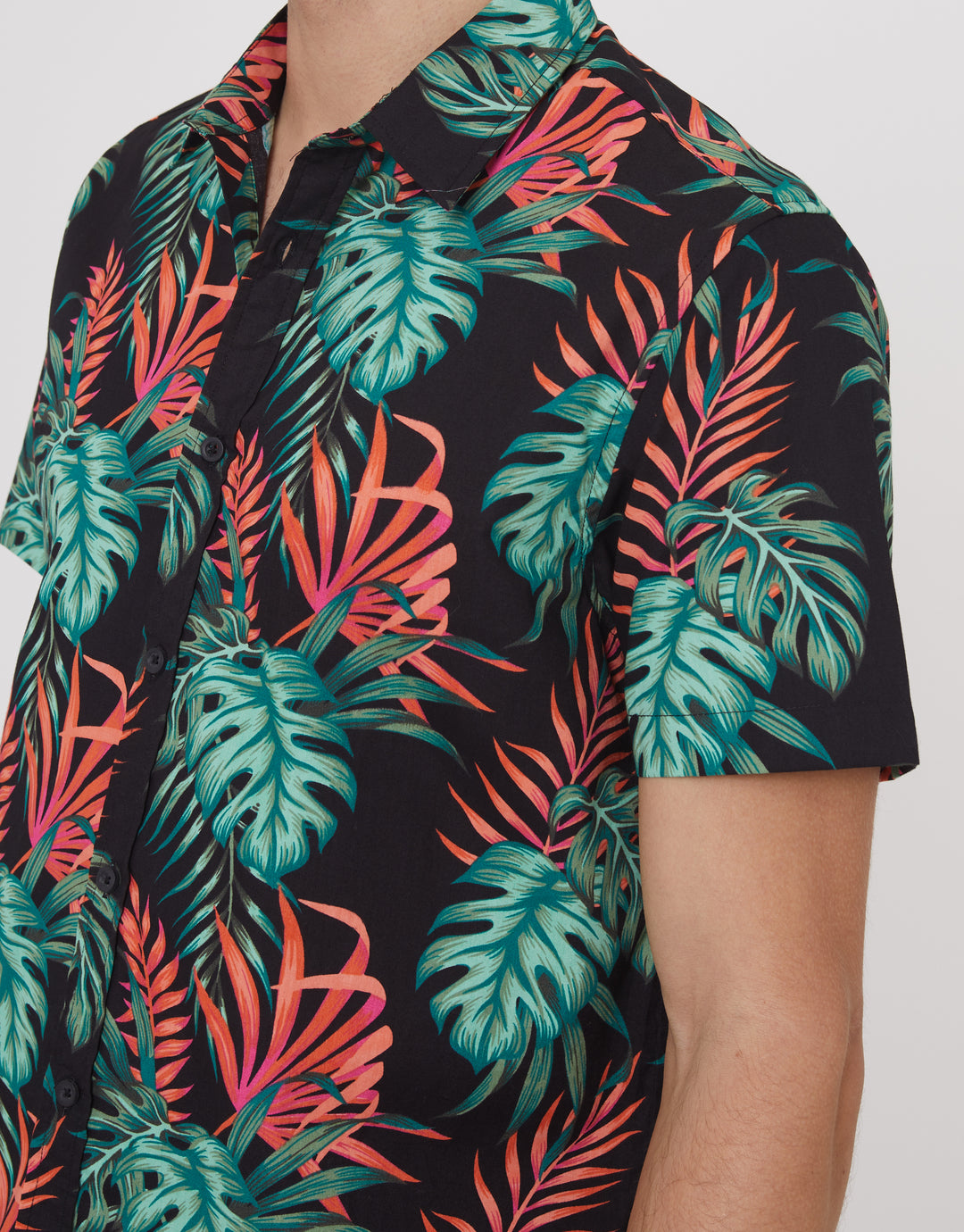 Black Cotton Tropical Print Short Sleeve Shirt