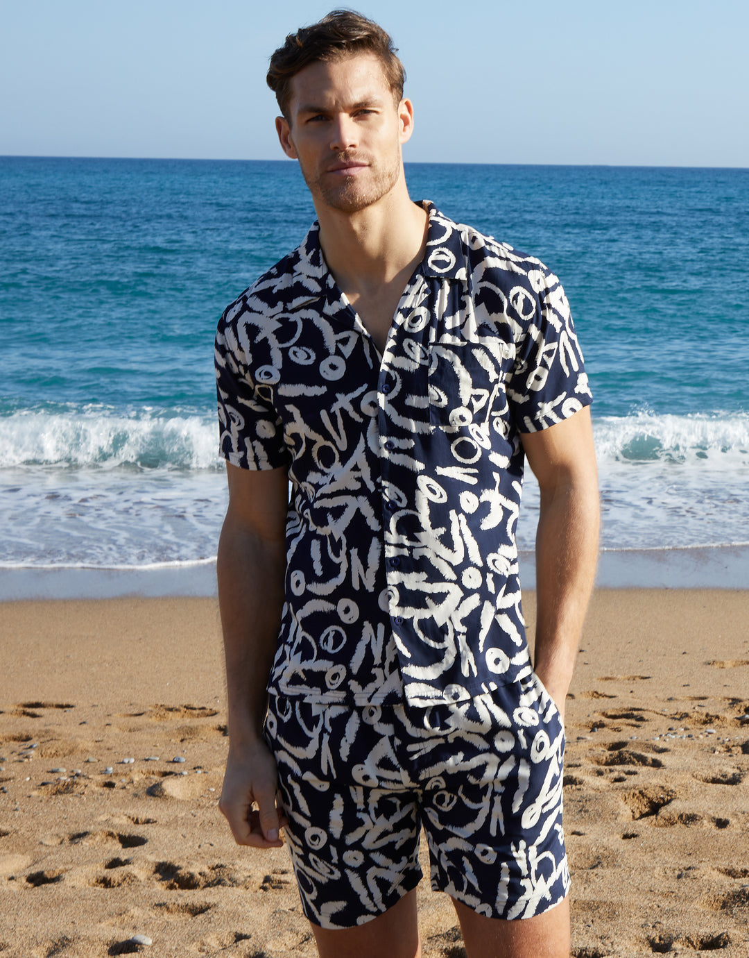 Navy Abstract Print Revere Collar Short Sleeve Shirt