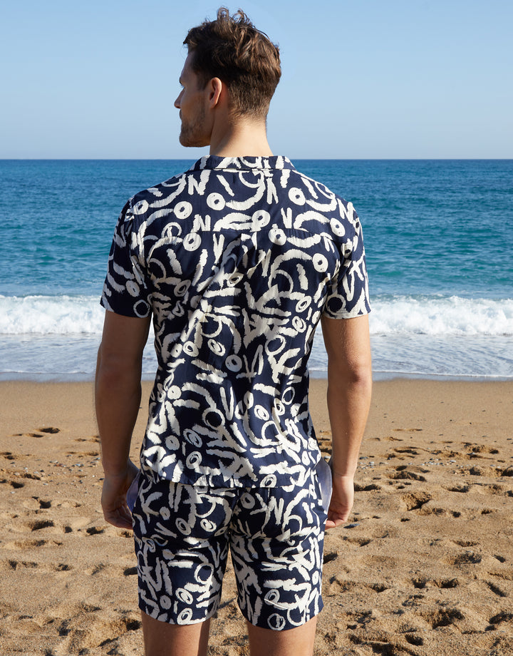 Navy Abstract Print Revere Collar Short Sleeve Shirt