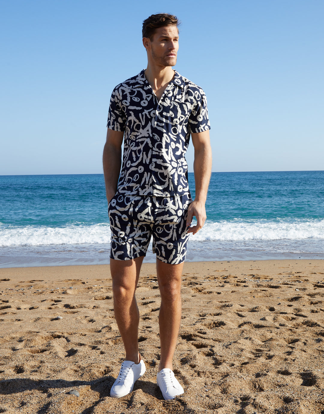 Navy Abstract Print Revere Collar Short Sleeve Shirt