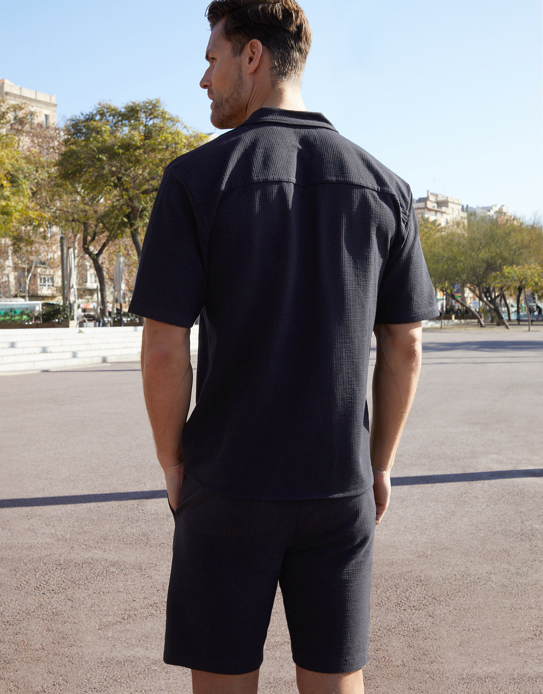 Black Stretch Cotton Revere Collar Short Sleeve Shirt