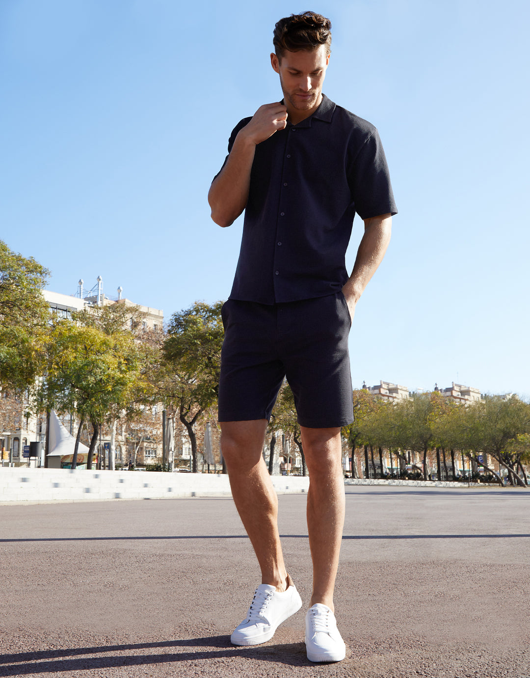 Black Stretch Cotton Revere Collar Short Sleeve Shirt