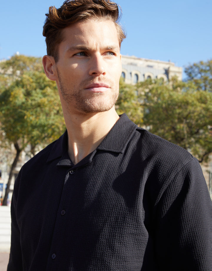 Black Stretch Cotton Revere Collar Short Sleeve Shirt