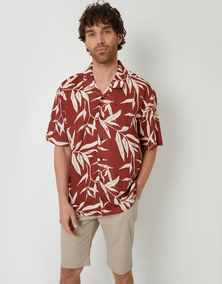 Rust Orange Revere Collar Leaf Print Short Sleeve Shirt