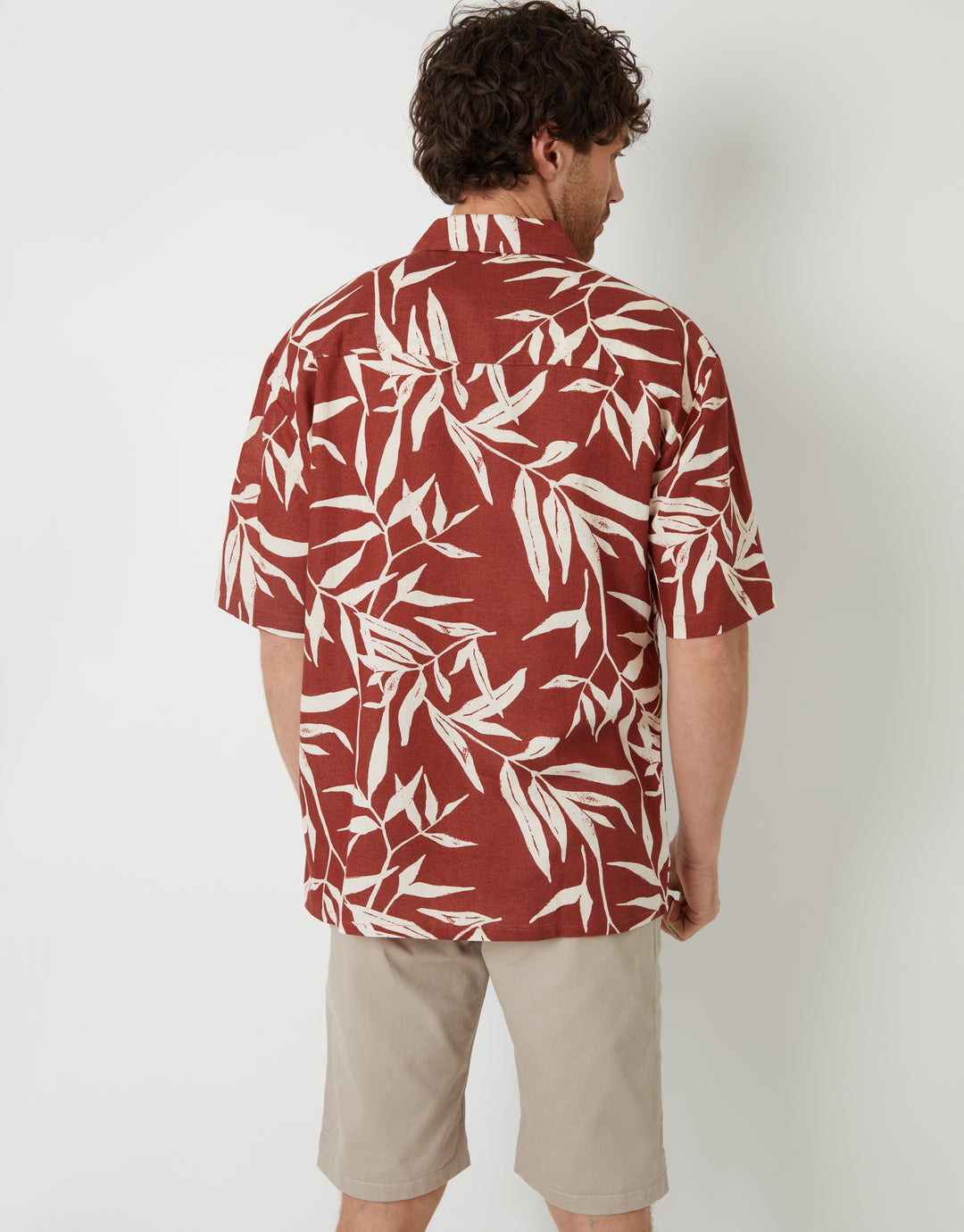 Rust Orange Revere Collar Leaf Print Short Sleeve Shirt