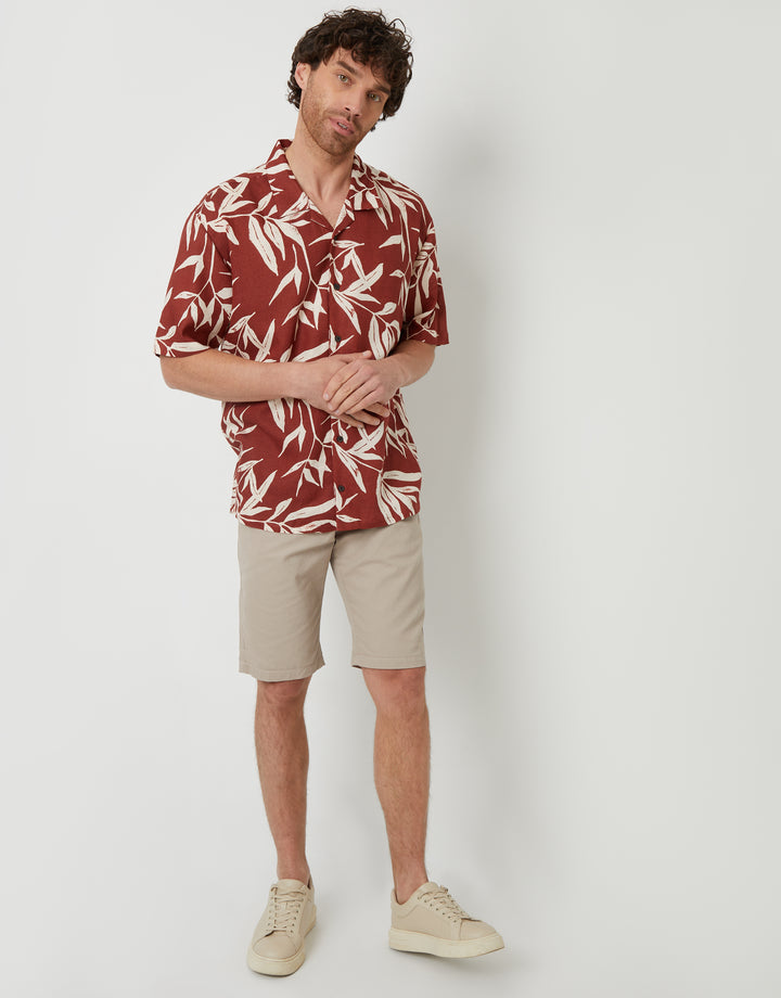 Rust Orange Revere Collar Leaf Print Short Sleeve Shirt