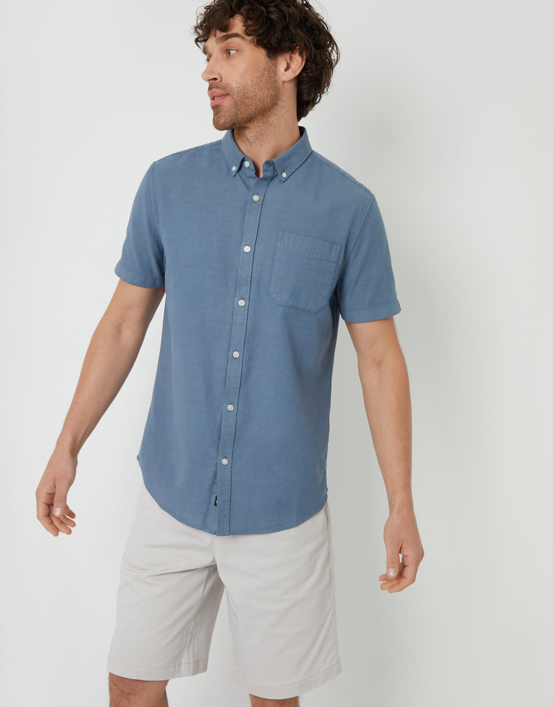 Denim Blue Cotton Lyocell Blend Short Sleeve Shirt