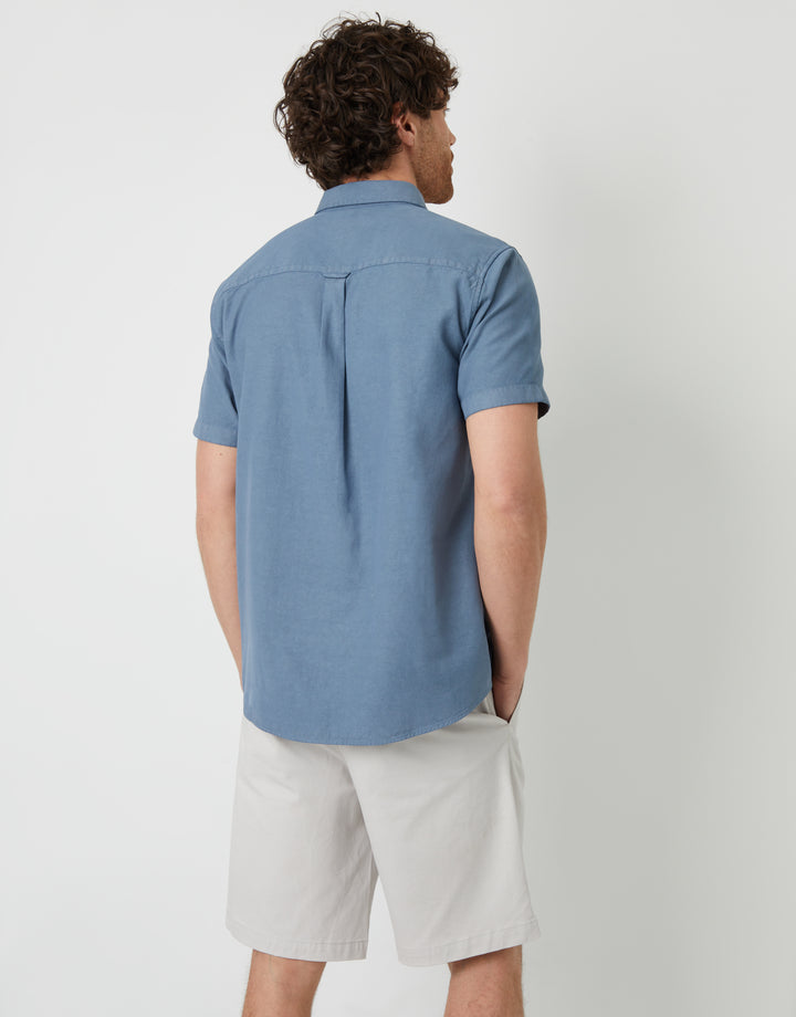 Denim Blue Cotton Lyocell Blend Short Sleeve Shirt