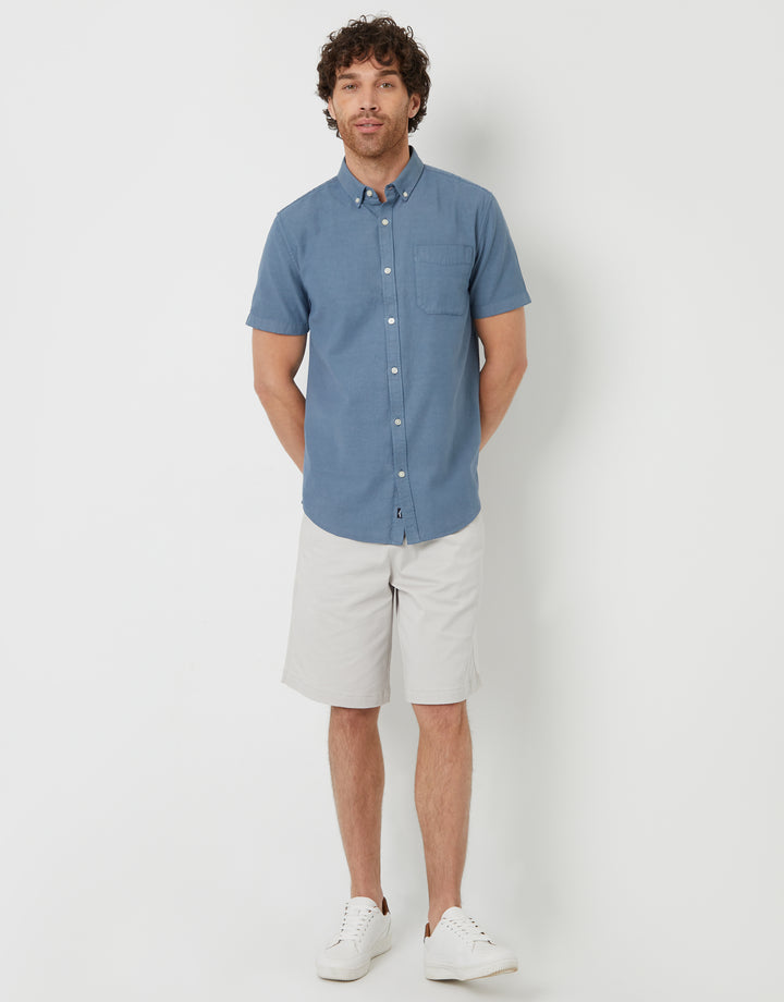 Denim Blue Cotton Lyocell Blend Short Sleeve Shirt