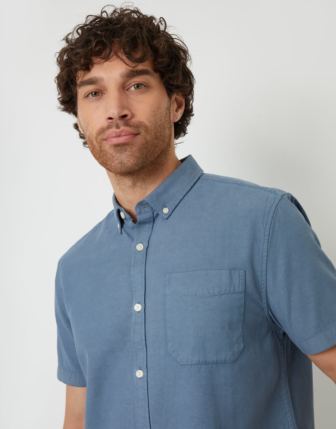 Denim Blue Cotton Lyocell Blend Short Sleeve Shirt
