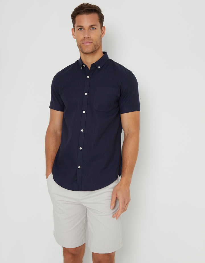 Navy Cotton Lyocell Blend Short Sleeve Shirt